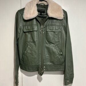 Bernardo Olive Leather Jacket with Plush Cream Collar